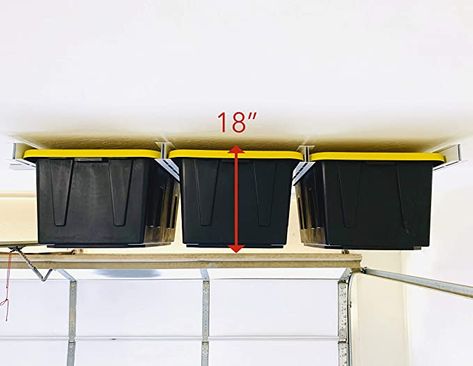 Garage Tote Storage, Diy Overhead Garage Storage, Garage Hanging Storage, Garage Storage Bins, Rubbermaid Storage, Garage Storage Rack, Overhead Storage Rack, Garage Ceiling Storage, Roof Storage