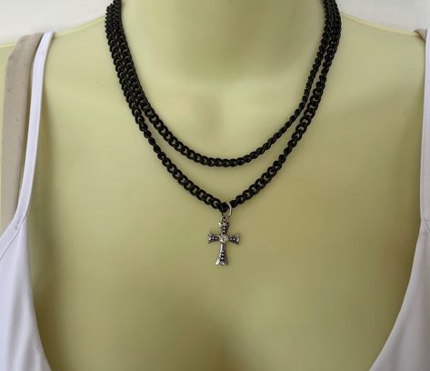 Without a doubt, this necklace is going to gather compliment after compliment for you! The double chain necklace includes 2 black chunky chains holding a small rhinestone cross. The cross has tons of sparkle and charm that I super love! The cross is crusted with rhinestones for the shimmer and shine you need, while the black chains give you a depth and character! I have other necklaces in similar styles, both choker length like this as well as longer chains - look for them in the shop! Measures Black Cross Necklace Women, Chain Cross Necklace, Chain Outfit, Black Cross Necklace, Cross Necklace Women, Necklace Outfit, Double Chain Necklace, Double Black, Shimmer And Shine