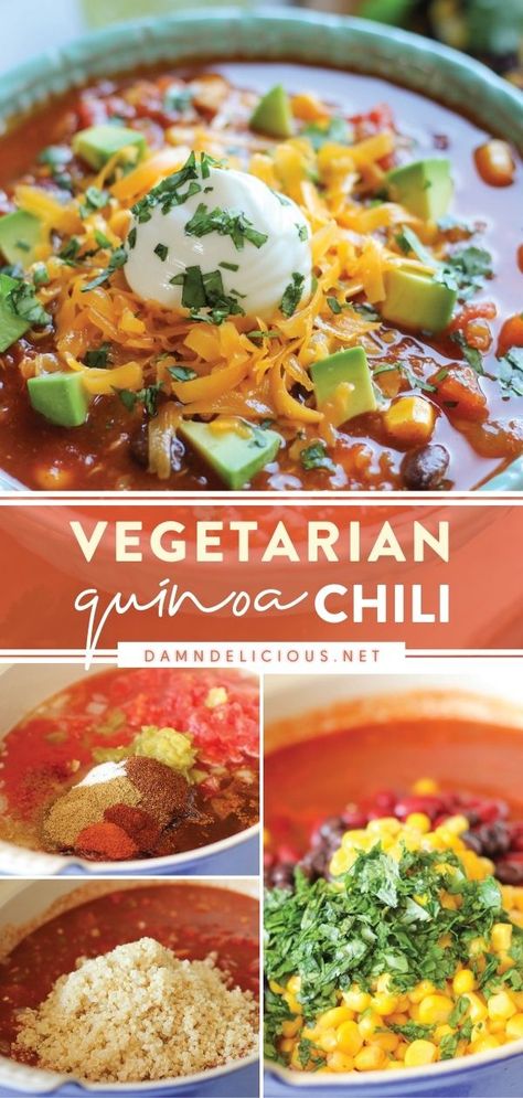 QUINOA CHILI Vegetarian Chili With Quinoa, Chili Without Beans, Vegetarian Quinoa Chili, Vegetarian Dinner Ideas, Cozy Soups, Recipes Chili, Quinoa Chili, Veggie Chili, Vegetarian Quinoa