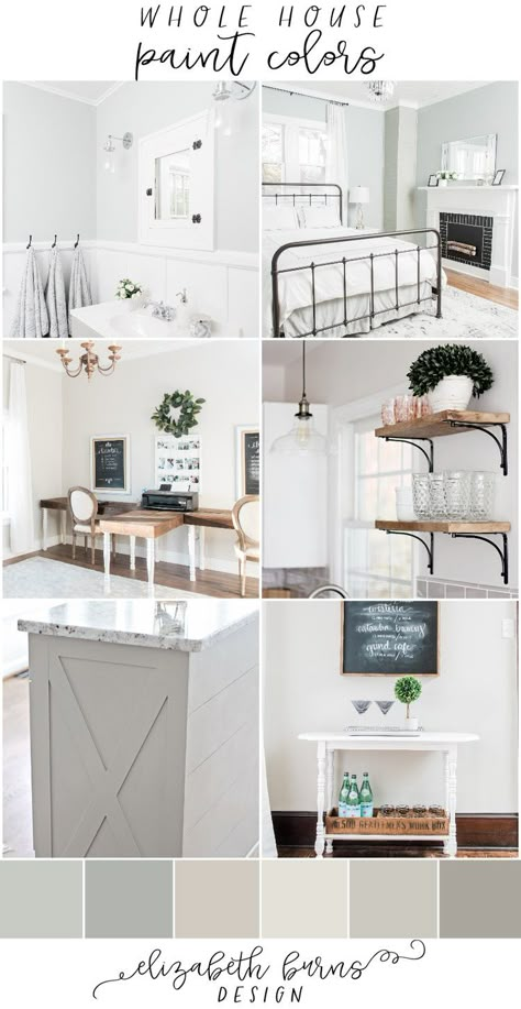 Elizabeth Burns Design | Whole house paint scheme farmhouse with pictures, paint colors for home sherwin williams 2018. Silver Strand, Magnetic Gray, Agreeable Gray, Repose Gray, Classic Gray, Dorian Gray Whole House Paint Scheme Farmhouse, Agreeable Grey Color Scheme, Whole House Paint Scheme, Grey Colour Scheme Bedroom, Magnetic Gray, Interior Paint Colors Schemes, Repose Gray, Agreeable Gray, Farmhouse Paint Colors