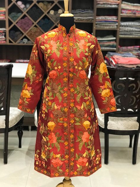 Embroidery Fall, Indian Jackets, Trouser Dress, Traditional Jacket, Embroidered Coat, Aari Embroidery, Boho Jacket, Red Embroidery, Red Coat