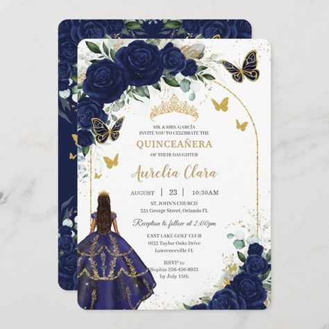 Royal Blue And Gold Quinceanera, Princess Sweet 16, Blue Sweet 16, Cinderella Theme, Royal Blue Flowers, Quince Invitations, 16 Birthday, Sweet 16 Invitations, Royal Blue And Gold