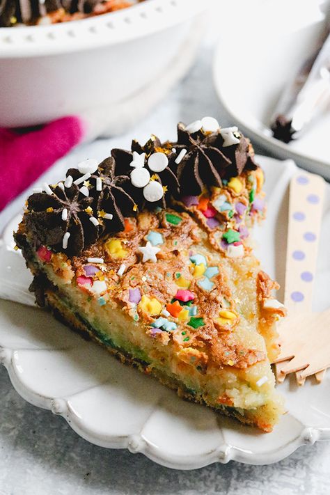 Birthday Cake Pie - Joanne Eats Well With Others Birthday Cake Pie Recipe, Birthday Cake Pie, Erin Mcdowell, Cookie Crumb Crust, Birthday Pie, Birthday Pies, Easy Custard, Crumb Crust, Chocolate Whipped Cream