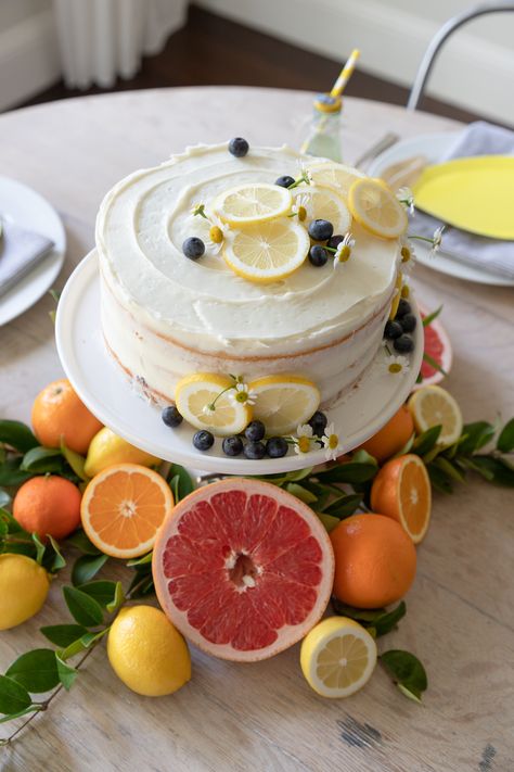 Citrus Birthday Party - Crazy Wonderful Cake Decorated With Lemons, Italian Themed Birthday Cake, Lemon Blueberry Cake Decoration, Chamonix Wedding, Italian Birthday Cake, Lemon Cake Decoration, Citrus Birthday Party, Blueberry Birthday Cake, Easy Party Decor