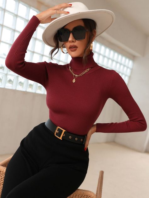 Burgundy Elegant  Long Sleeve Polyester Plain Basic Tops  Medium Stretch Spring/Fall Women Knitwear Magenta Turtleneck Outfit, Maroon Long Sleeve Outfit, Maroon Turtleneck Outfit, Red Long Sleeve Top Outfits, Maroon Turtle Neck Outfit, Burgundy Turtleneck Outfits, Red Turtle Neck Outfit, Maroon Top Outfit, Burgundy Top Outfit