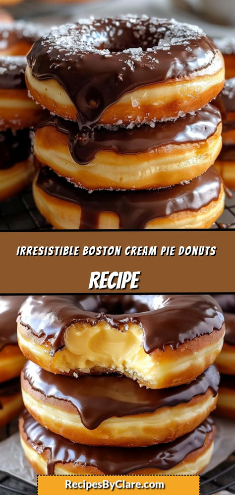 Enjoy these Creamy Boston Cream Donuts, filled with vanilla pudding and topped with a shiny chocolate ganache. Light, fluffy, and utterly irresistible, these donuts are a treat for any time of day!

Ingredients:

3 ½ cups all-purpose flour
1 cup vanilla pudding
1 cup chocolate ganache
Soft, sweet, and indulgent—these donuts are the ultimate comfort food! Saturday Appetizers, Donuts Filled, Cream Donut Recipe, Boston Creme Pie, Boston Cream Donut, Vanilla Cream Filling, Boston Cream Pie, Fun Deserts, Boston Cream