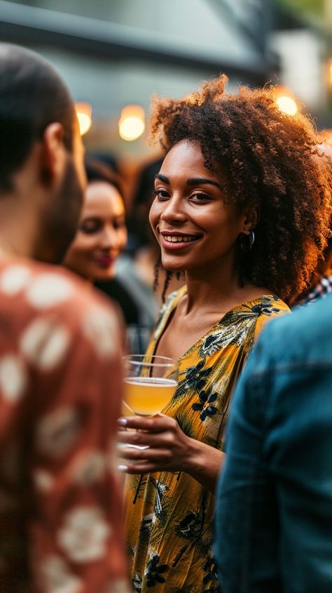 Friendly Social Gathering: A young woman enjoys a conversational moment with friends at a vibrant outdoor social event. #woman #gathering #friends #conversation #outdoor #party #social #event #aiart #aiphoto #stockcake https://ayr.app/l/4h4m Event Aesthetic People, Black Networking Event, Reconnecting With Friends, Networking Event Photography, Night Club Photography, People At A Party, Event Moodboard, Friends Conversation, Business Conversation