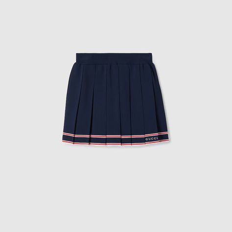 Pleated skirt with striped trim in dark blue | GUCCI® 香港 Gucci Skirts, Blue Tennis Skirt, Gucci Skirt, Gucci Denim, Box Pleat Skirt, Cotton Midi Skirt, Latest Skirts, Airport Fashion, Tweed Skirt