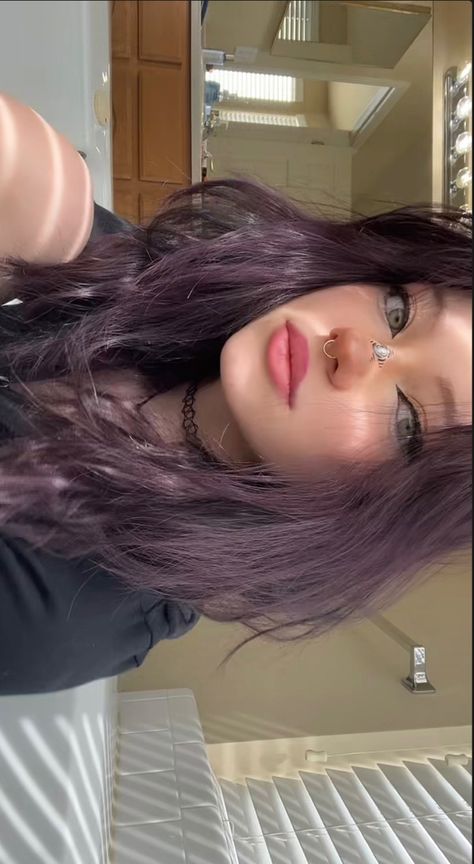 Dark Purple Hair Makeup, Darkish Purple Hair, Dark Gray Purple Hair, Dark Brown And Purple Hair Split Dye, Purple With Light Brown Hair, Purple Dye Over Brown Hair, Dark Purple Hair Outfit, Darker Purple Hair, Brown Hair W Purple Highlights