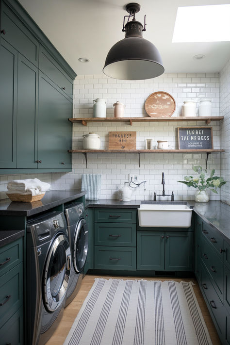 Functional and Beautiful Laundry Room Ideas Laundry Room With Sage Green Cabinets, Olive Green Laundry Room, Sage Laundry Room, Green Cabinets Laundry Room, Laundry Room With Sink Ideas, Green Laundry Room Ideas, Green Laundry Room, Small Laundry Room Design, Sage Green Cabinets