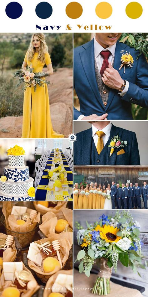 Top 7 Early Spring Navy Blue Wedding Color Palettes, navy and yellow elegant and whimsical wedding Yellow And Blue Wedding, Spring Reception, Wedding Color Schemes Summer, Yellow Wedding Colors, Wedding Theme Color Schemes, Yellow Wedding Theme, Wedding Color Combinations, Wedding Color Scheme, Wedding Themes Spring