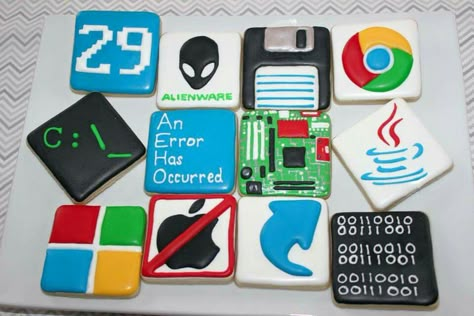 Jessica Harris:  computer geek cookies.   I love these! Technology Cookies Decorated, Computer Cookies Decorated, Computer Cookies, Computer Cake, Computer Theme, Reception Desserts, Geek Party, Sugar Cookie Royal Icing, Fun Party Themes