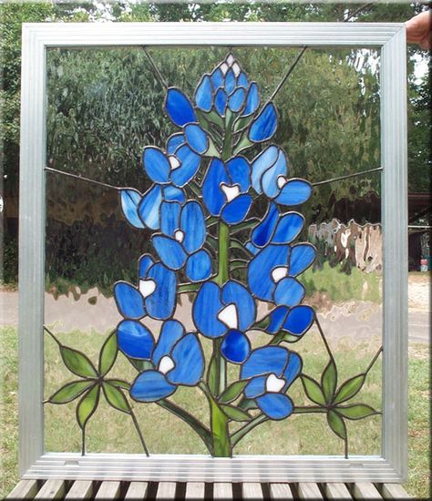 Texas Blue Bonnet Window Bluebonnet Stencil, Blue Bonnet Painting, Bluebonnet Stained Glass Pattern, Bluebonnet Quilt Pattern, Stained Glass Bluebonnets, Window Glasses, Texas Stained Glass Patterns, Texas Patio, Bluebonnet Mosaic