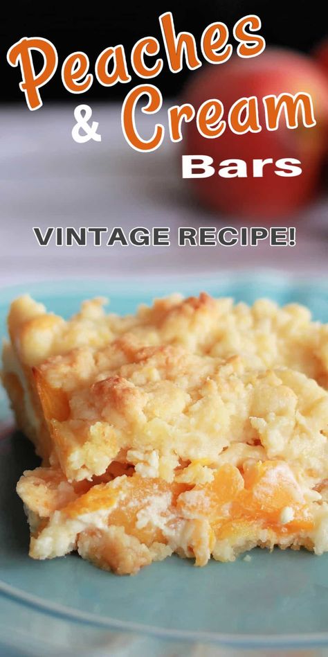 This PEACHES & CREAM BARS Recipe is a dessert made of fruit, white cake and cream cheese. This dessert recipe is like a creamy peach cake, yet in bar or square form. Popular with the masses! Deserts With Cream Cheese, Peaches And Cream Dessert, Peaches Cream Cheese, Fresh Peach Recipes, Boxed Cake Mixes Recipes, Cream Cheese Bars, Peach Pie Filling, Cream Cheese Desserts, Square Form