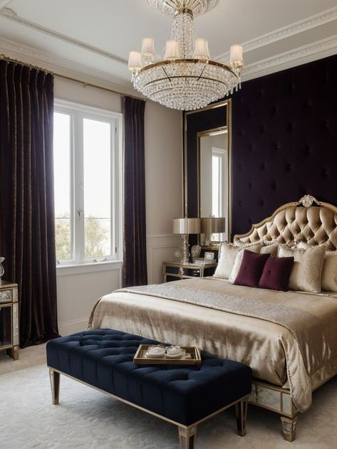 Royal Bedroom Black, Gold Black Bedroom, Royal Luxury Bedroom Design, Dark Romantic Bedroom Ideas, Moody House, Dark Romantic Bedroom, Black Nightstands, Royal Bedroom Design, Minimalistic Bedroom