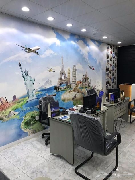 Travel Agency Office Design Interiors, Travel Agency Decoration, Pi Network, Agency Office, Down Ceiling Design, Travel Pictures Poses, Office Branding, Travel Office, Travel Logo