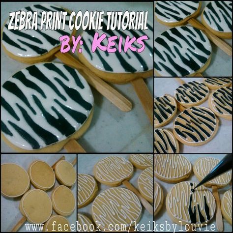 Zebra print cookie tutorial by keiks Animal Print Cookies Decorated, Animal Print Cookies Royal Icing, Zebra Cookies Decorated, Zebra Cookies, Bday Cookies, Mishloach Manos, Baby Boy Birthday Cake, Cookie Decorations, Cookie Making