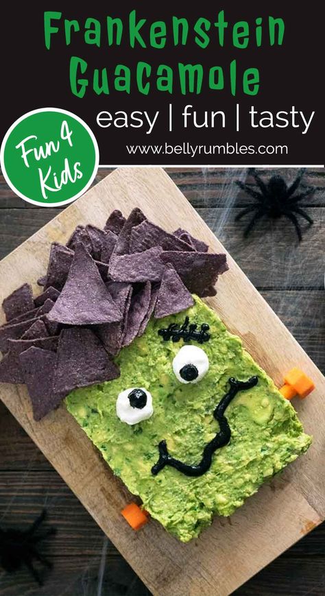 Frankenstein Guacamole is a spooktacular fun idea for Halloween. Tasty guacamole decorated easily with purple corn chips, sour cream, chipotle sauce and carrot bolts. Frankenstein Guacamole, Halloween Guacamole, Blue Corn Chips, Chipotle In Adobo Sauce, Purple Corn, Spooky Halloween Food, Halloween Food Dinner, Chunky Guacamole, Halloween Food Appetizers