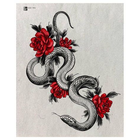 Snake And Roses Tattoo, Black Red Tattoo, Tattoo Cobra, Red Flower Tattoos, Chinese Symbol Tattoos, Cobra Tattoo, Fantasy Poster, Hip Thigh Tattoos, Hand And Finger Tattoos