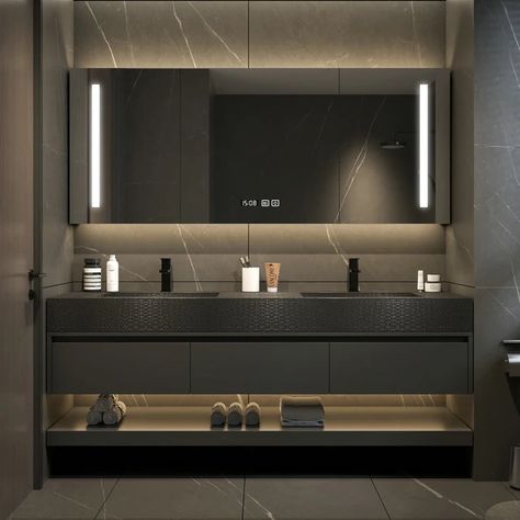 Modern Black Bathroom Cabinets Slate Integrated Seamless Washbasin with Drawers Bathroom Vanity with Sink Bathroom Furniture - AliExpress Black Bathroom Cabinets, Bathroom Cabinet With Sink, Mirror Cupboard, Cabinet With Sink, Black Cabinets Bathroom, Modern Black Bathroom, Perfume Organizer, Wooden Decorations, Lighting Bathroom