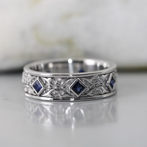 Unique Princess Cut Blue Sapphire Celtic Wedding Promise Ring For Him Celtic Wedding Bands, Promise Rings For Him, Unique Wedding Ring, Wedding Anniversary Ring, Celtic Wedding Rings, Wedding Promises, Celtic Wedding, Celtic Rings, Mens Engagement