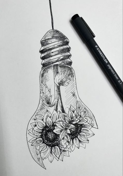 Inspired Drawings Ideas, Light Bulb Drawings, Lightbulb Art Drawing, Folder Drawing Ideas, Lightning In A Bottle Drawing, Bulb Drawing Creative, Surealism Tattoo Ideas, Interesting Drawing Ideas Creative, Lightbulb Tattoo Ideas