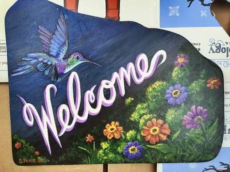 Garden Welcome sign-acrylic on slate | by staceypotts1520 Welcome Stones Painted, Welcome Painting, Slate Painting, Rock Painting Flowers, Slate Art, Acrylic Diy, Painted Slate, Stone Art Painting, Dekor Diy