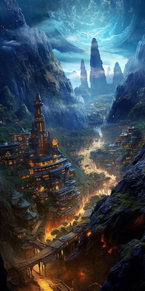 Prompt: Mystical ancient fantastic city among mountains, realistic style #midjourneyart Navi A Vela, Fantasy City, Fantasy Castle, Fantasy Setting, Fantasy Places, Cool Wallpapers Art, Fantasy Art Landscapes, Fantasy Aesthetic, Fantasy Concept Art