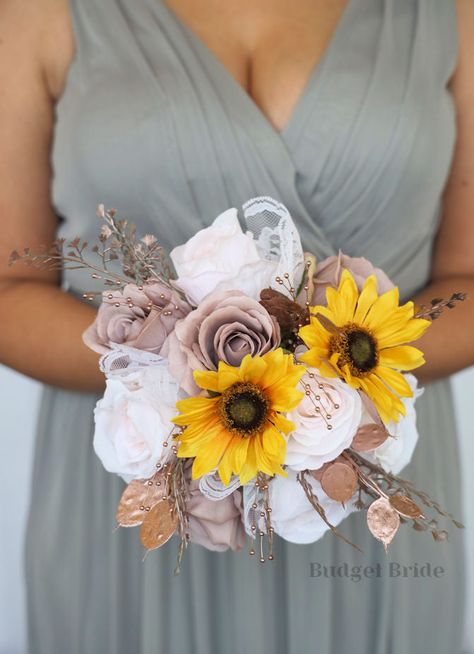 Sunflower Bridesmaid, Sunflower Bridesmaid Bouquet, Small Bridesmaid Bouquets, Blush Pink Roses, Gold Foliage, Sunflower Wedding Bouquet, Sunflower Themed Wedding, Red Bouquet Wedding, Budget Bride