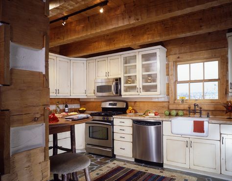 log cabin kitchen Log Cabin Kitchen Ideas, Small Cabin Kitchens, Log Cabin Kitchens, Natural Wood Kitchen Cabinets, Log Cabin Kitchen, Awesome Kitchens, Log Home Kitchen, Log Home Interior, Log Home Kitchens