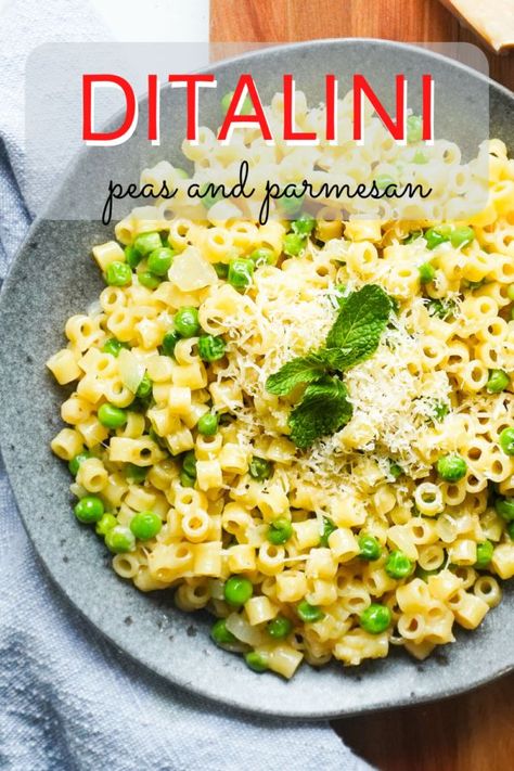 Peas And Parmesan Pasta, Parmesan Pea Pasta, Peas With Pasta, Ditalini Pasta Recipes Easy, Ditalini Pasta Side Dish, Ditalini And Peas, Pasta Salad With Ditalini, Peas And Noodles, Peas And Macaroni Italian