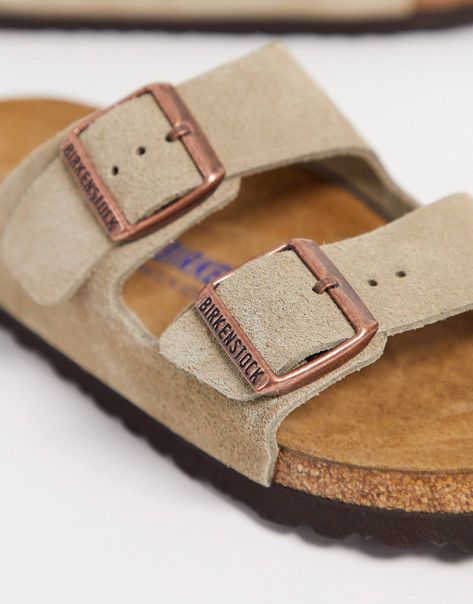 Birkenstock Arizona flat sandals in taupe suede | ASOS Eva Sole, Birkenstock Arizona, Arch Support, Flat Sandals, Custom Fit, Birkenstock, Open Toe, Cork, Arizona