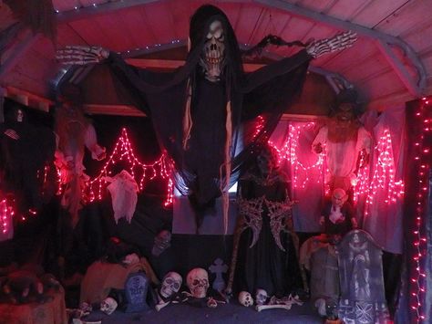 Halloween Decorations 2015-- The carport at night Halloween Carport Decorations, Halloween Skeleton Carnival, Halloween Curtain Lights, Evil Carnival Halloween Decorations, Orange Lights Halloween, Halloween Outside, Halloween 2020, Dark Side, Halloween Diy