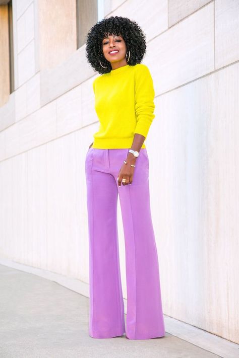 Neon Crew Neck Sweater + Lilac Wide Leg Pants Purple Pants Outfit, Lilac Heels, Lavender Pants, Vibrant Outfits, Style Pantry, Colour Combinations Fashion, Color Blocking Outfits, Color Combinations For Clothes, Purple Pants