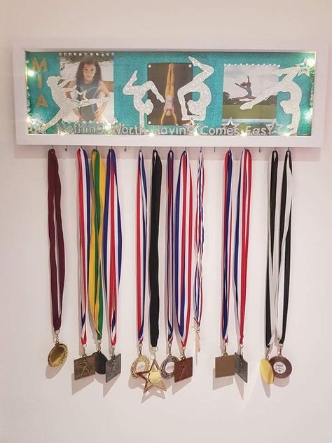 Cheer Trophy, Cheer Gifts Diy, Gymnastics Medal Display, Gymnastics Medals, Trophy Shelf, Cheer Team Gifts, Trophy Display, Medal Holder, Medal Holders