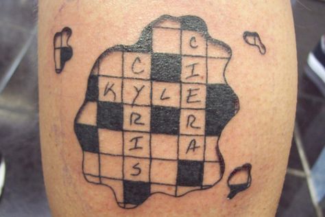 These are his kids names done in the ... Crossword Puzzle Tattoo Ideas, Crossword Tattoo Ideas, Crossword Puzzle Tattoo, Crossword Tattoo, John Tattoo, Puzzle Tattoo, Name Tattoo Ideas, Puzzle Tattoos, Kid Name Tattoo