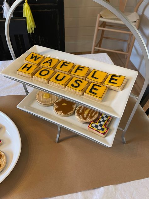 Waffle House Party Theme, Waffle House Themed Birthday Party, Waffle House Themed Party, Waffle House Party, Waffle Themed Birthday Party, Waffle House Birthday Party, Birthday Waffles, Waffle Party, Restaurant Birthday