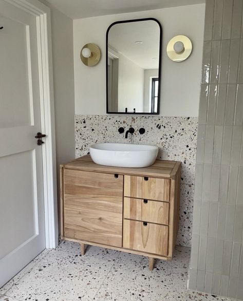 Minimalist Bathroom Furniture, Japandi Bathroom Design, Terrazzo Sink, Oak Vanity Unit, Terrazzo Bathroom, Oak Vanity, Bad Inspiration, Single Basin, Unique Bathroom