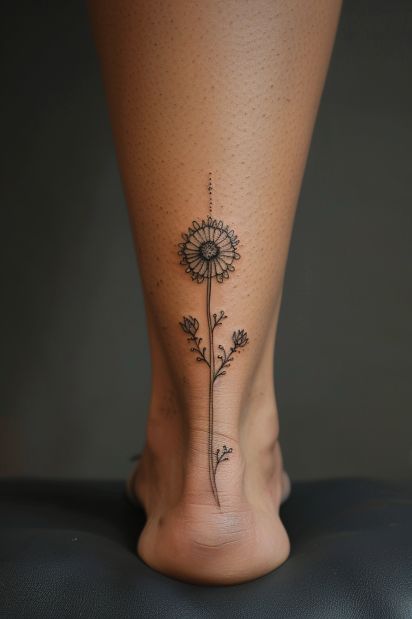 Small_dandelion_tattoo_line_art_ankle_placement Small Back Leg Tattoos Women, Back Of The Ankle Tattoos For Women, Cool Ankle Tattoos For Women, Dandelion Sleeve Tattoo, Small Shin Tattoos For Women, Ankle Tattoo Placement Ideas, Foot Tatoos Woman, Back Ankle Tattoos For Women, Tattoo Ankle Woman