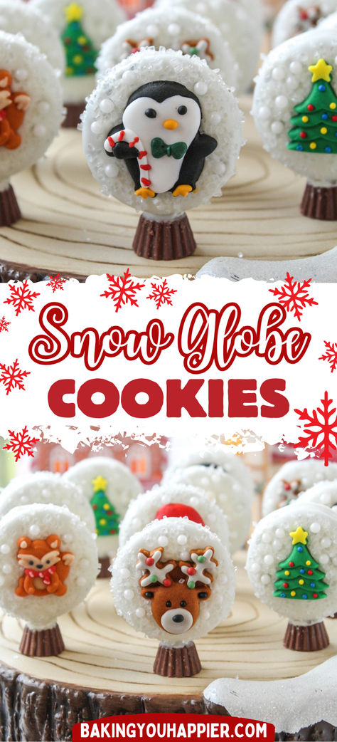 Oreo Snow Globe Cookies, an adorable little edible snow globe made with a few simple ingredients! Your kids and grandkids will love these! Snow Globe Oreo Cookies, Snow Globe Oreos, Fun Easy Christmas Treats For Kids, Oreo Snowglobe, Snow Globe Cookies How To Make, Snow Recipes For Kids, Snow Globe Cookies Decorated, Winter Wonderland Cookies, Edible Snow