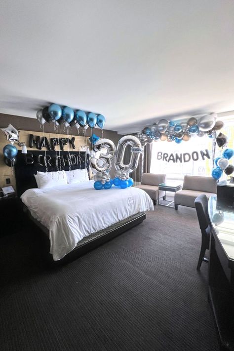 Blue Hotel Decorations For Boyfriend, Hotel Room Design For Boyfriend Birthday, Hotel Birthday Decorations For Boyfriend, Birthday Hotel Room For Him, Hotel Room Birthday Decoration For Men, Happy Birthday Hotel Room Decor, Hotel Room Birthday Decoration, Hotel Room Decoration Birthday, Decorated Room For Boyfriend Birthday