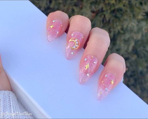 Pink Moon Nails, Nails Pink Jelly, Jelly Nails Pink, Nails Celestial, Sailor Nails, Nails Moon, Pink Jelly Nails, Celestial Nails, Pink Bling Nails