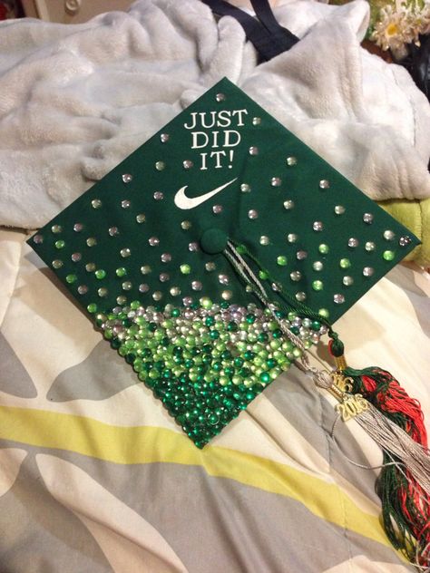 Ombre green stones, Just did it graduation cap. Made by Maria Lopez Graduation Cap Designs Green And Gold, Green Graduation Cap Designs, Green Grad Cap Ideas, Graduation Cap Designs Green, It Graduation Cap, Green Graduation Cap, Diy Grad Cap, Grad Hats, Hats Ideas