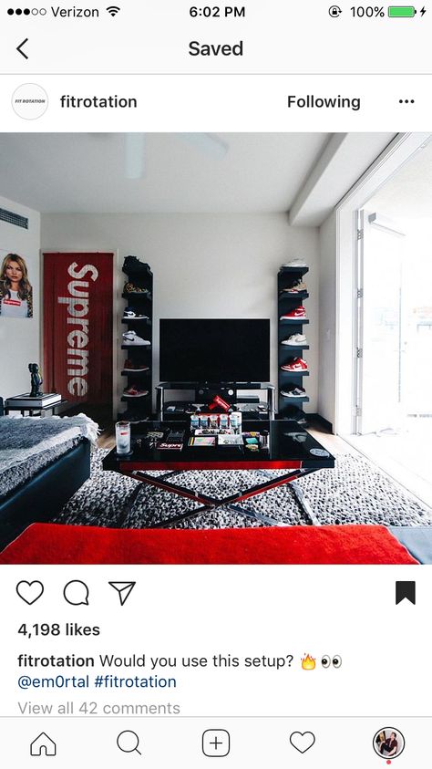 ✌︎♕⁶Pinterest @Jr.Rodgers ✨♚ Sneaker Head Room Ideas, Supreme Living Room, Sneaker Head Living Room, Supreme Room Decor, Room Ideas Aesthetic Sneakerhead, Hype Beast Living Room, Teen Boy Rooms Nike, Supreme Accessories Room, Sneaker Head Room Rug