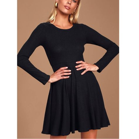 Lulus Dress Fit & Fair Dress Ribbed Knit Long Sleeve Skater Black Nwt Size Large The Lulus Fit And Fair Black Ribbed Knit Long Sleeve Skater Dress Will Have You Looking Cute As A Button! This Casual-Meets-Cute Ribbed Knit Dress Boasts Charming Details Like A High Rounded Neckline And A Flattering Cinched And Elasticized Waist. Long Sleeves Frame The Flared Skater Skirt. - Condition ~ New With Tags - Size: Large - Color: Black - Long Sleeve - Round Neck - Elasticized Waist - Flared Skirt - Skater Flared Skater Skirt, Knit Skater Dress, Long Sleeve Skater Dress, Cute As A Button, Lace Skater Dress, Ribbed Knit Dress, Floral Print Maxi Dress, Knit Long Sleeve, Long Sleeve Bodycon Dress