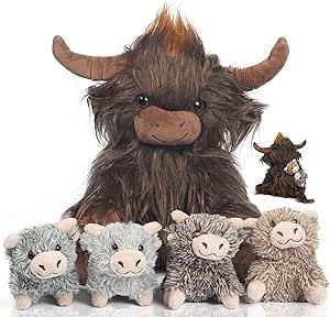 Youthfuljive 5 Pcs Highland Cow Stuffed Animals Set, 14" Black Highland Cow Plush Toy with 4 Plush Cow Babies, Cute Stuffed Highland Cow Plushie for Kids Boys Girls Birthday Halloween Plush Gifts Black Highland Cow, Highland Cow Plush, Small Cow, Highland Cow Gifts, Cow Plush, Cow Toys, Halloween Plush, Mom Body, Scottish Highland Cow