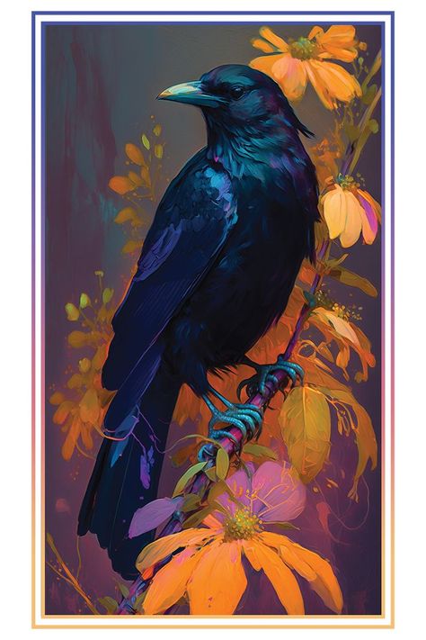 This observant Crow amongst tropical flowers makes for a great addition to your closet or home. Looks like someone could use a friend... Raven Pictures, Crow Pictures, Crow Images, Crow Painting, Crow Art, Digital Oil Painting, Raven Art, Like Someone, Fall Watercolor