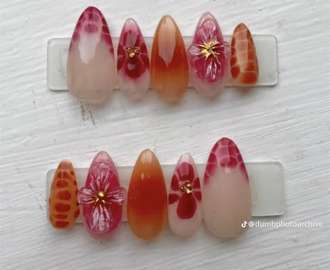 Bloom Nails Gel, Encased Flower Nails, 3d Jelly Flower Nails, Orange Nails 3d Flowers, Incapcilated Flower Nails, Nails Blooming Gel, Tropical Flower Nails, Hibiscus Nails, Island Nails