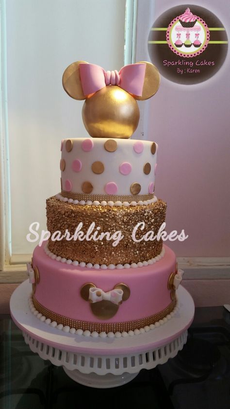 Minnie pink and gold cake Minnie Mouse First Birthday, Minnie Mouse Birthday Cakes, Baby First Birthday Cake, Minnie Mouse 1st Birthday, Bolo Minnie, Minnie Mouse Baby Shower, Minnie Birthday Party, Minnie Cake, Mickey Mouse Parties