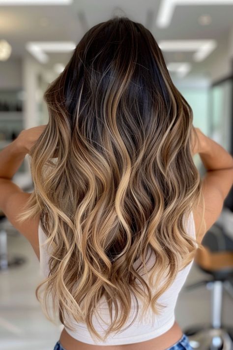 Brown Balayage Side Part, Fall Hair Bayalage, Beach Hair Balayage, Ombre Hair Color For Brown Hair, Beach Hair Color Brunette, Hombre Hair Brown, Ombré Brunette Hair, Sunkissed Hair Brunette Balayage Natural, Brown On Top Blonde On Bottom Hair